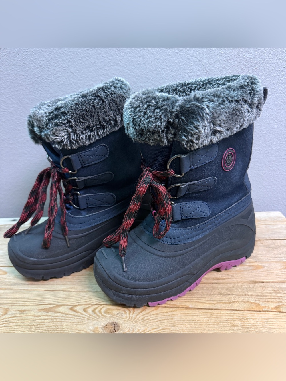 totes Navy Kids Faux-Fur Cuff Snow Boots with Pink Sole Accents
